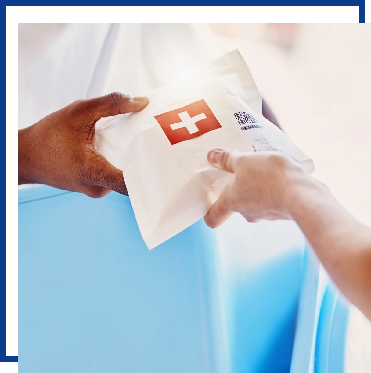Package with medical symbol being handed over